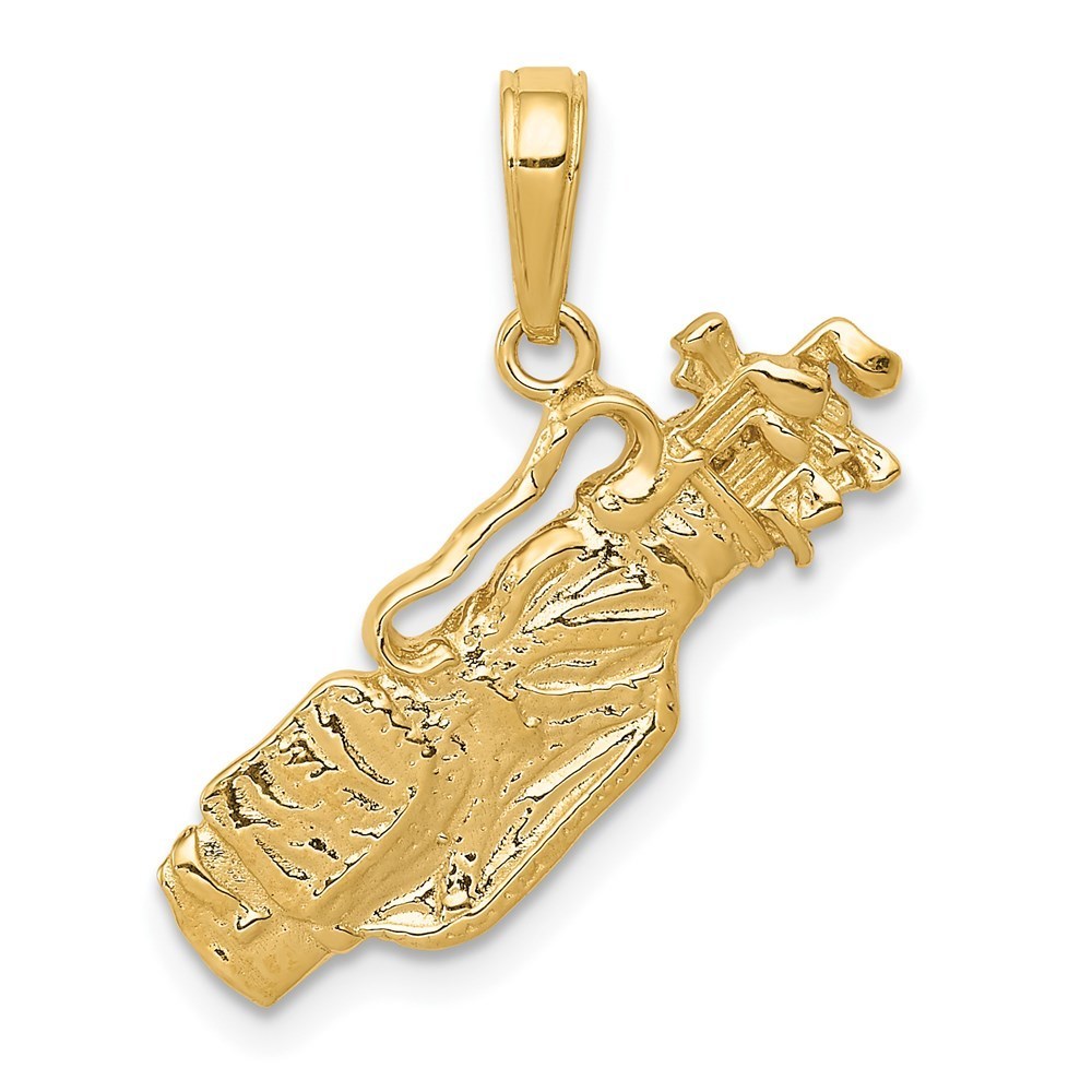 14k Yellow Gold Sports Open-Backed Golf Bag W Clubs Necklace Charm Pendant